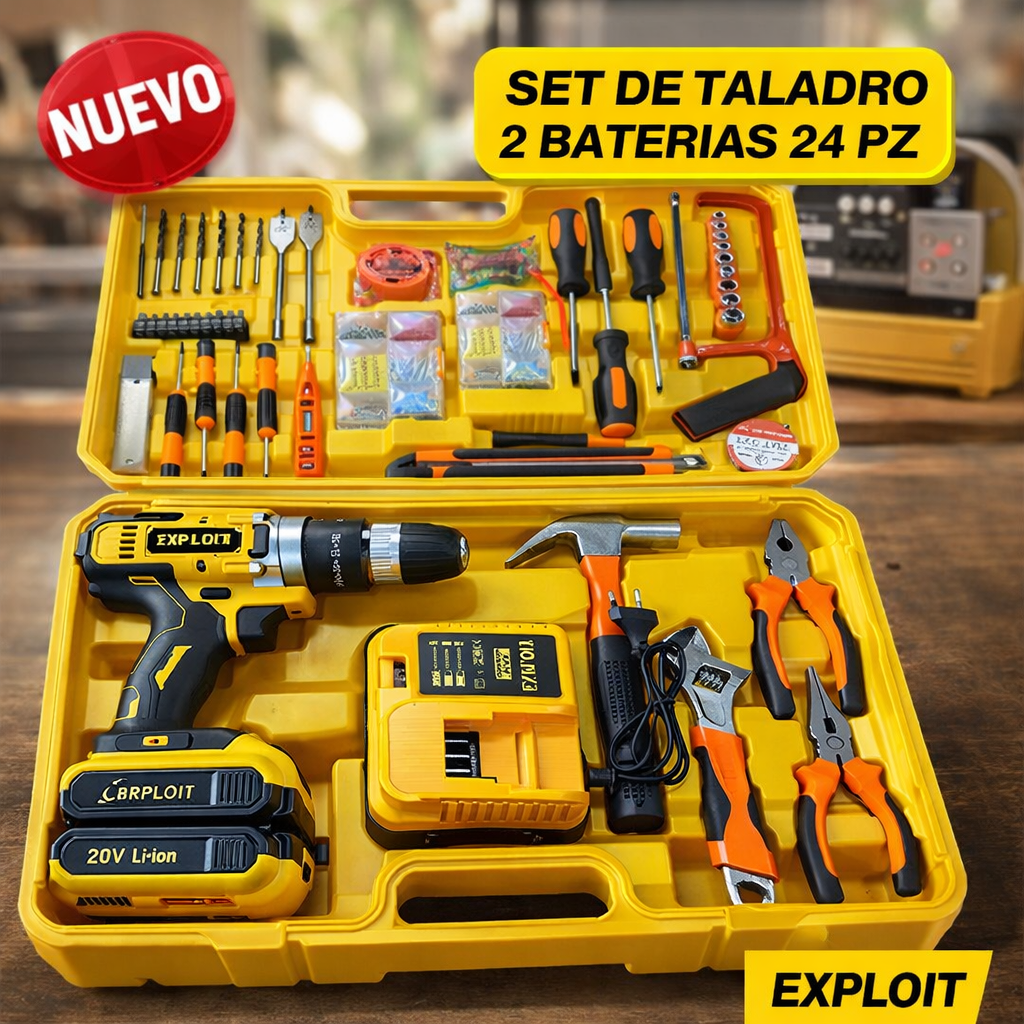 SET DE TALADRO 2 BATERIAS 24 PZ AMARILLO EXPLOIT